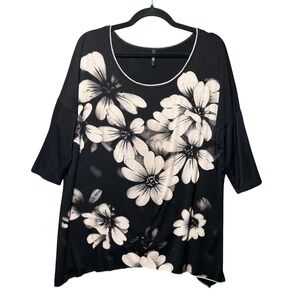Edista Black Floral Rhinestone Accent Top Dolman Sleeves Made USA Size L